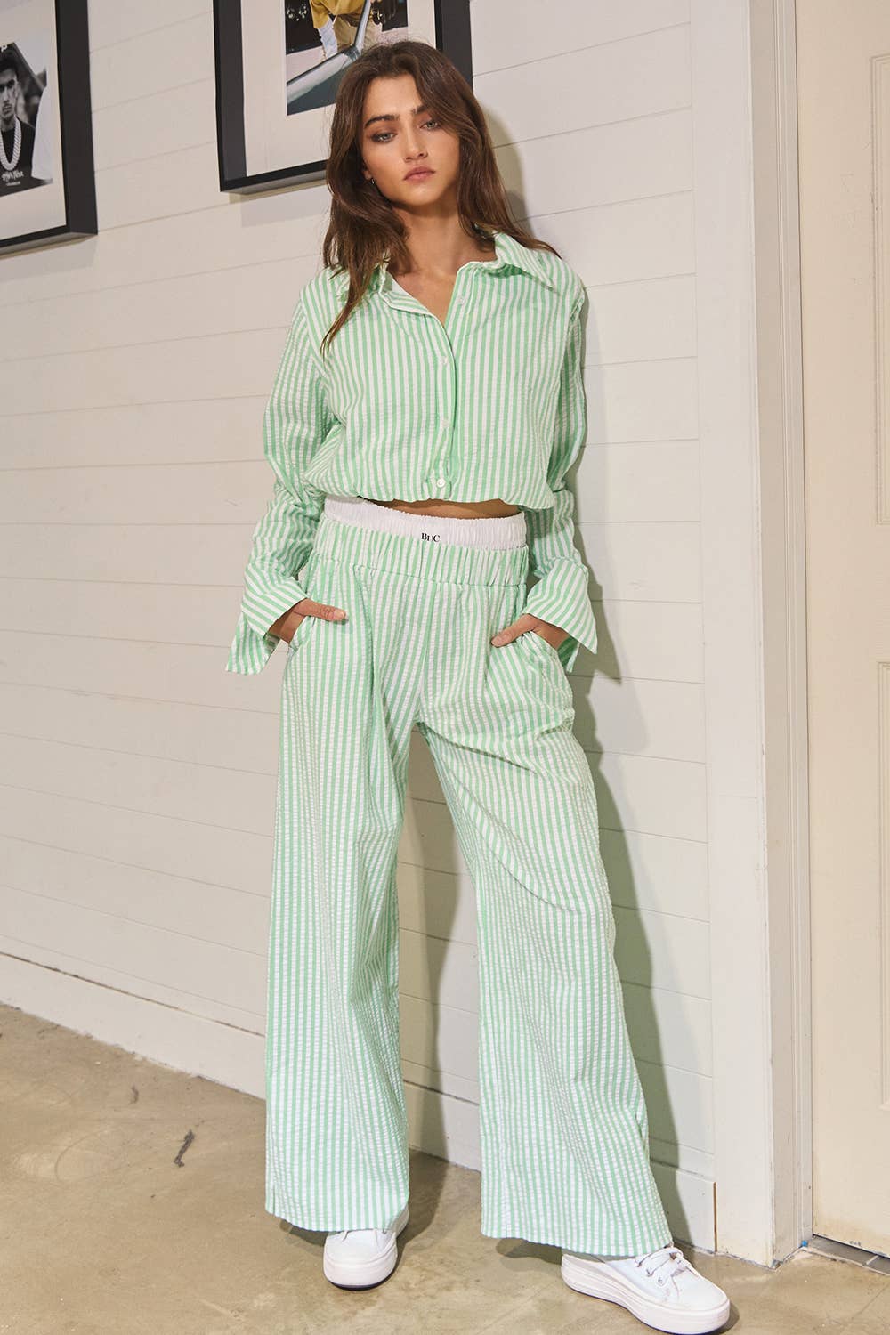 P5501 Striped Seersucker Double Banded Exposed Boxer Pants