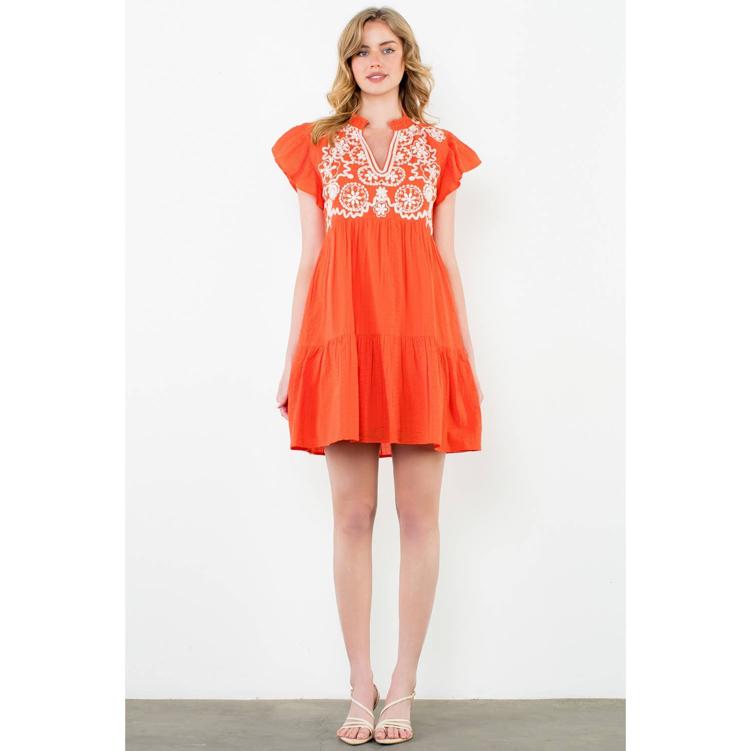 Embroidered Flutter Sleeve Dress