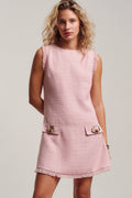 Pink Tweed Shell Button Fringe Mini Dress