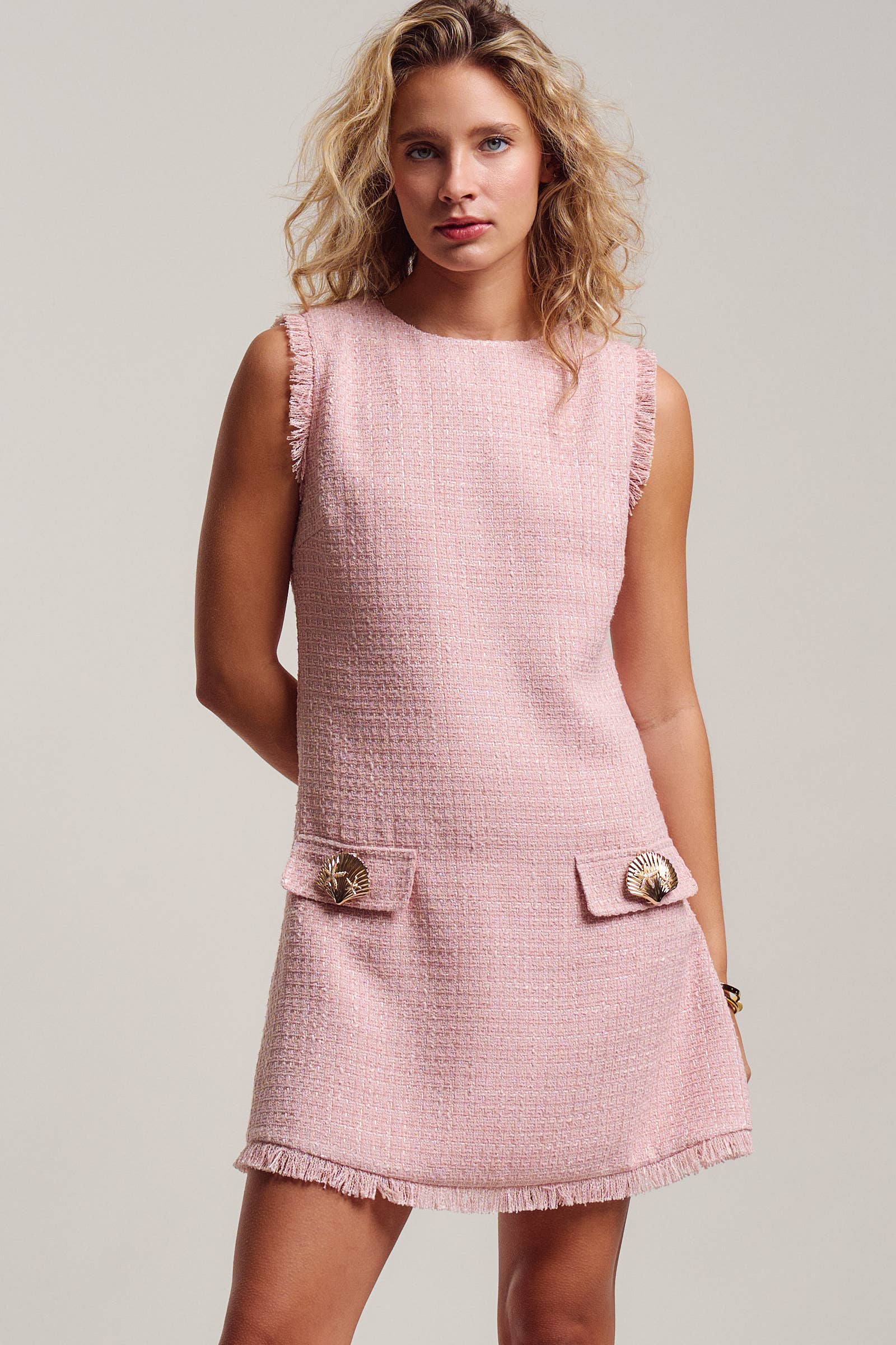 Pink Tweed Shell Button Fringe Mini Dress