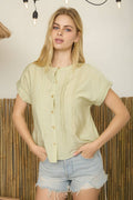 Button Down Pintuck and Line Lace Detail Top