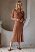 Ribbed Knit Long Sleeve Collared Midi Dress