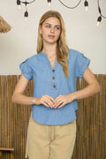 Split Neck Half Button Tab Sleeve Chambray Top