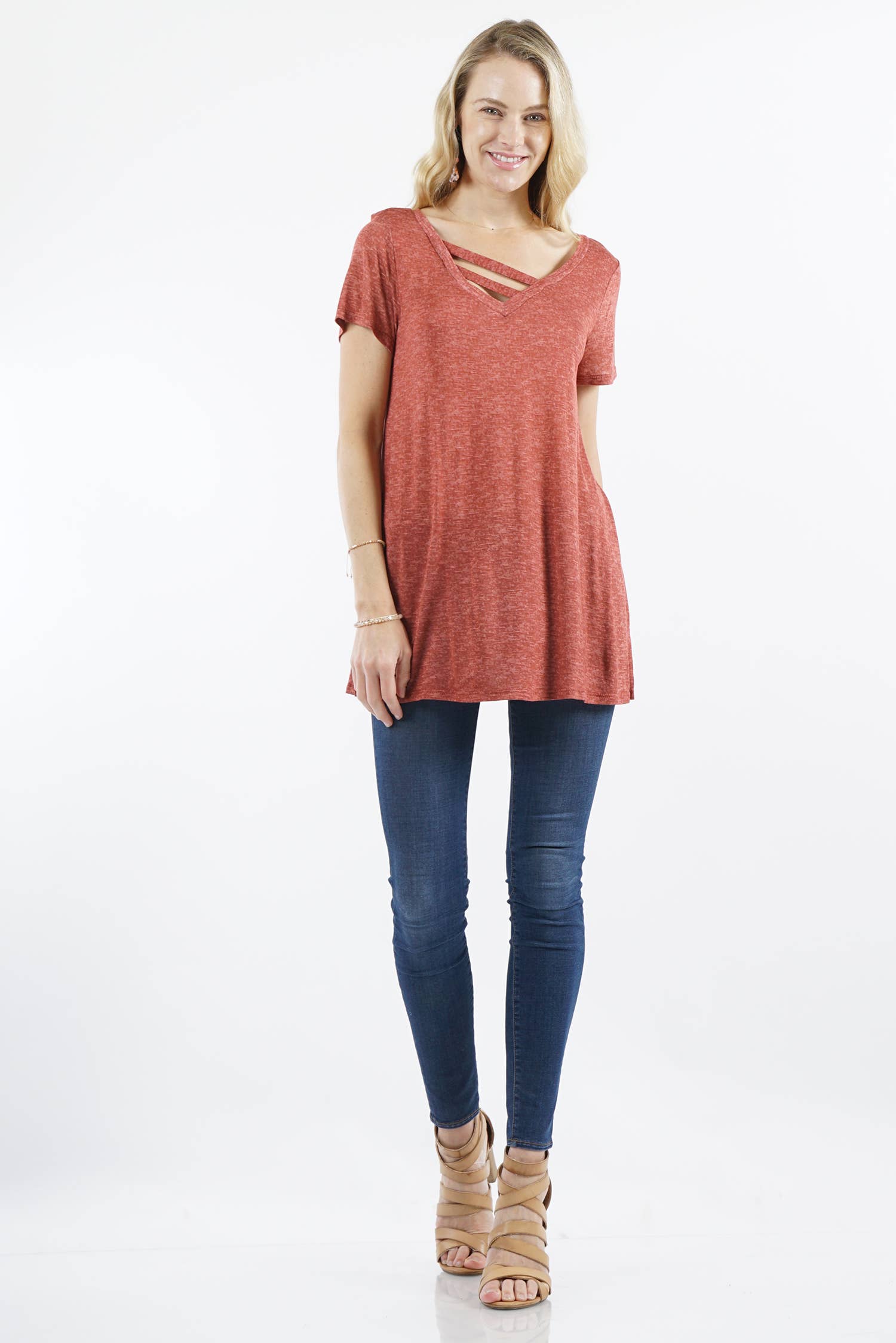 SC68779 Brickpale Solid Short Sleeve Spaghetti Detail V-Neck Top