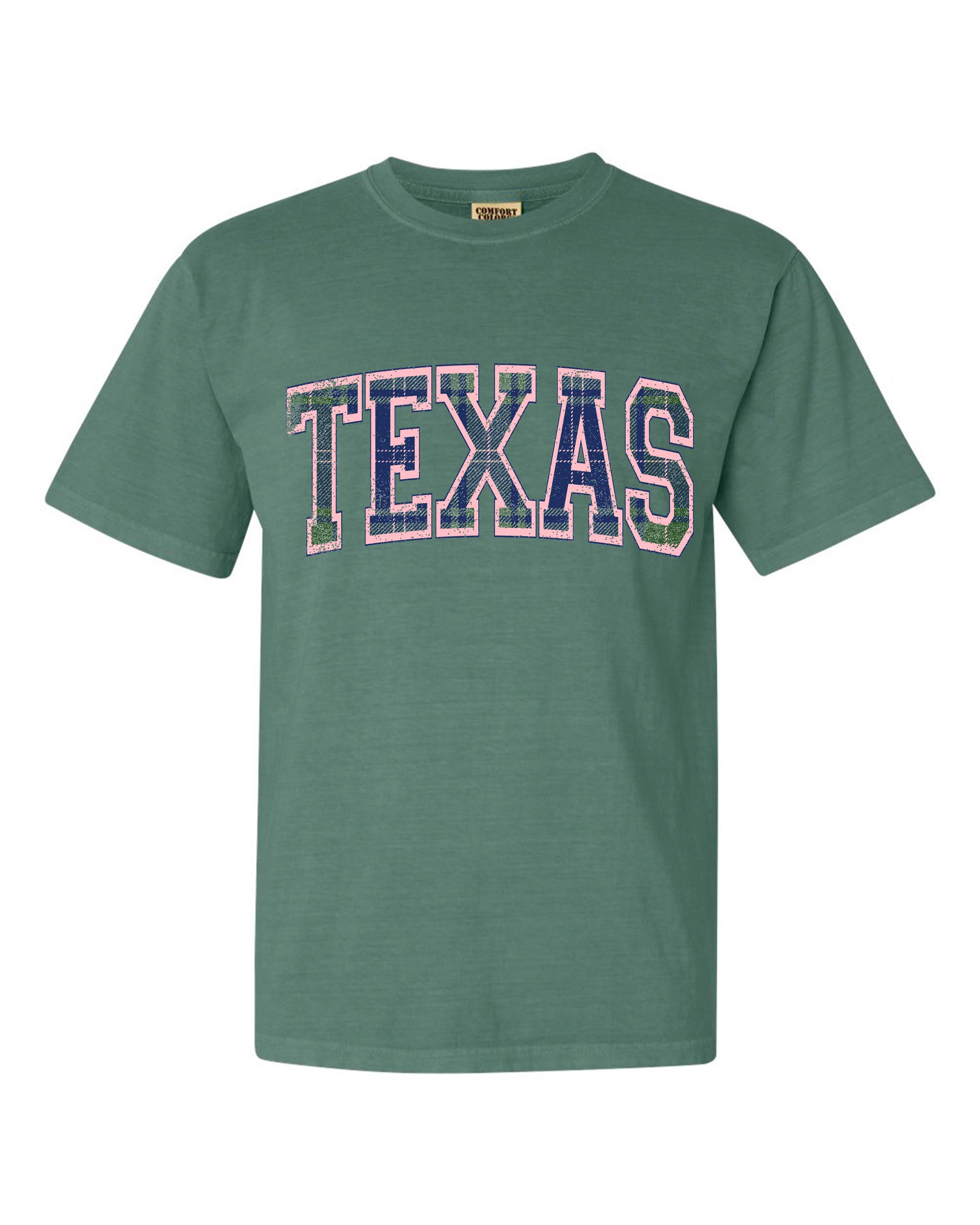 Texas Plaid Arch (Pink Outline) Green Comfort Colors Tee
