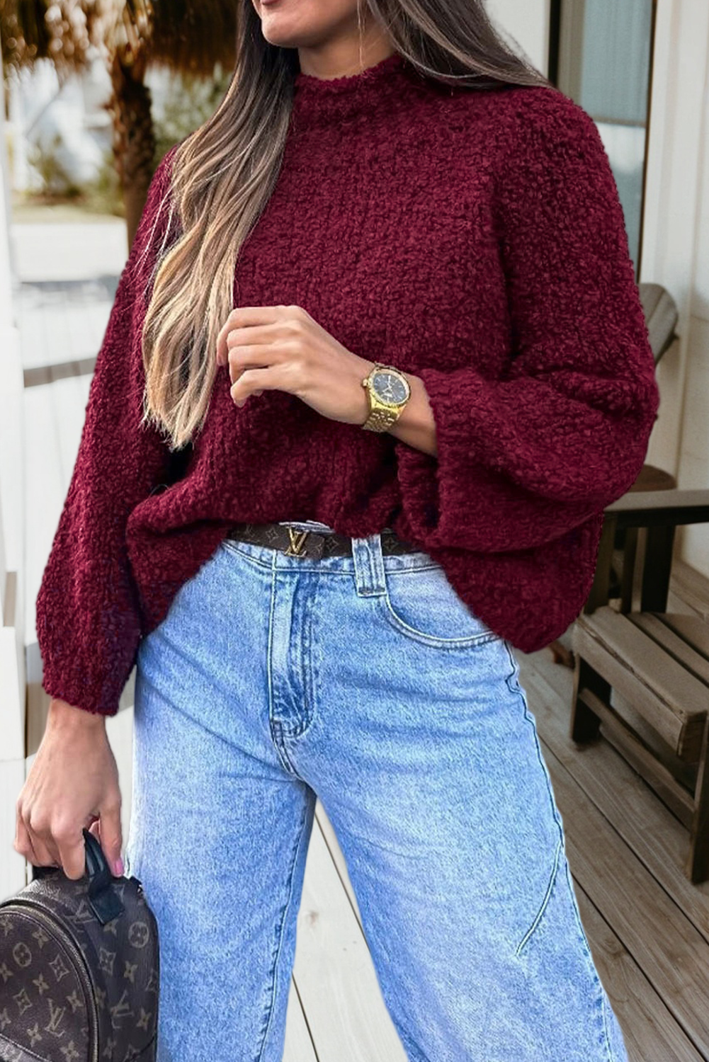 Popcorn Mock Neck Long Sleeve Solid Sweater (S-Xl)