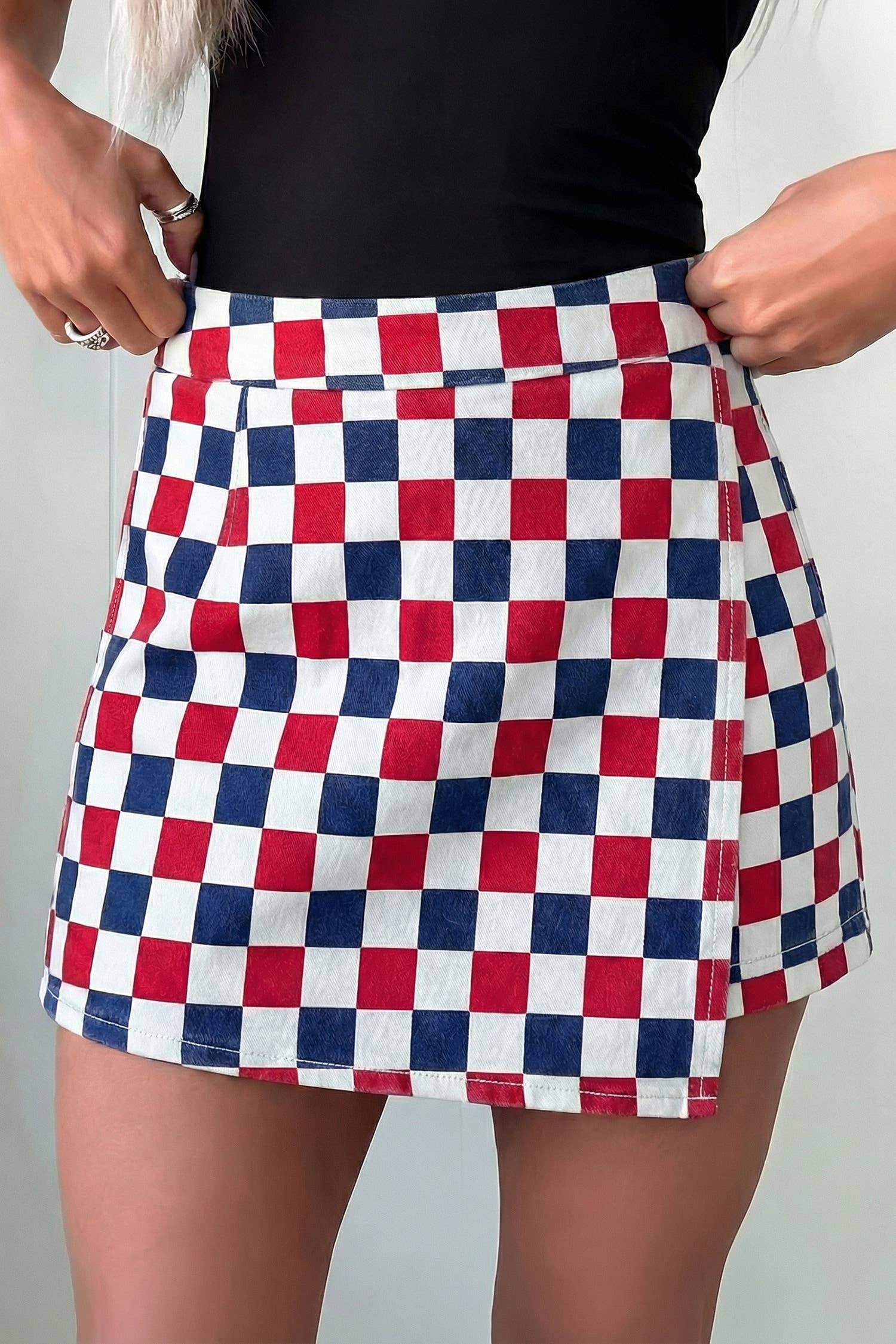 Checkered Print Overlap Denim Shorts