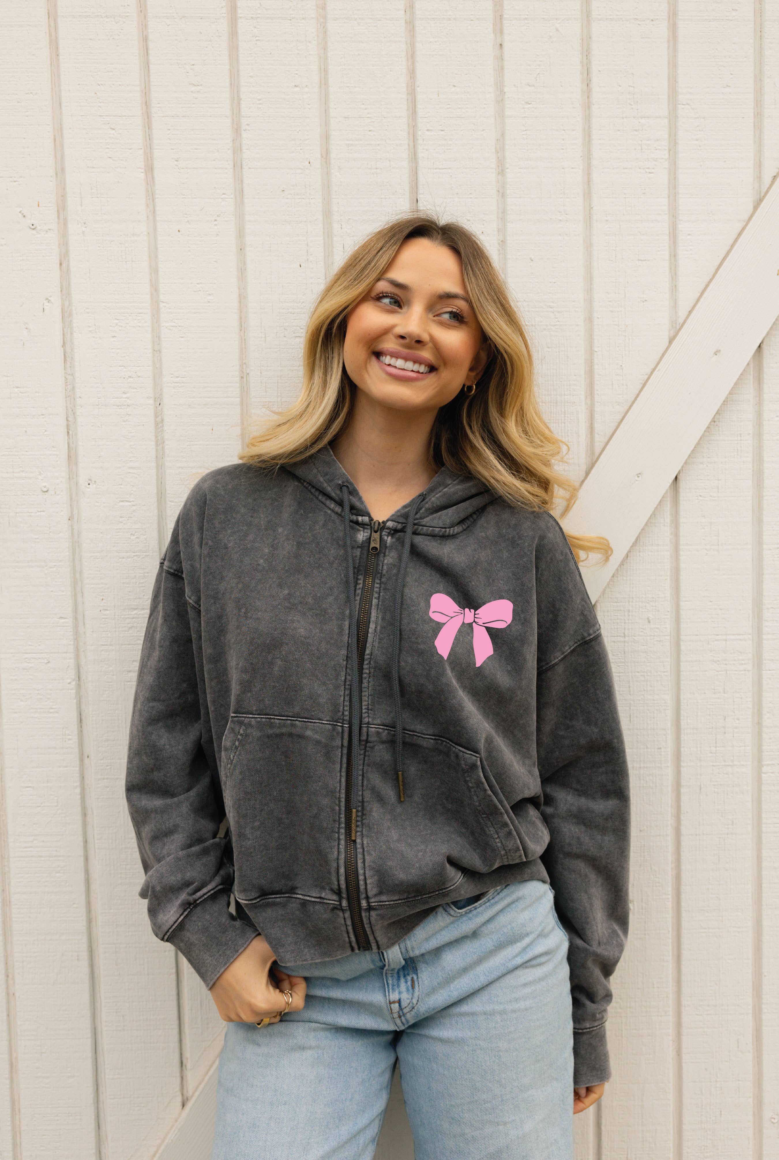 Bow Cropped Mineral Zipper Hooded Pullover