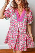 Floral Print V Neck Patchwork Short Sleeve Mini Dress (S-Xl)