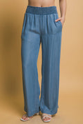',.High Waisted Smocked Waist Casual Pants w/ Side Pockets