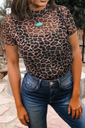 Leopard Print Sheer Mesh Mock Neck Short Sleeve Top (S-Xl)