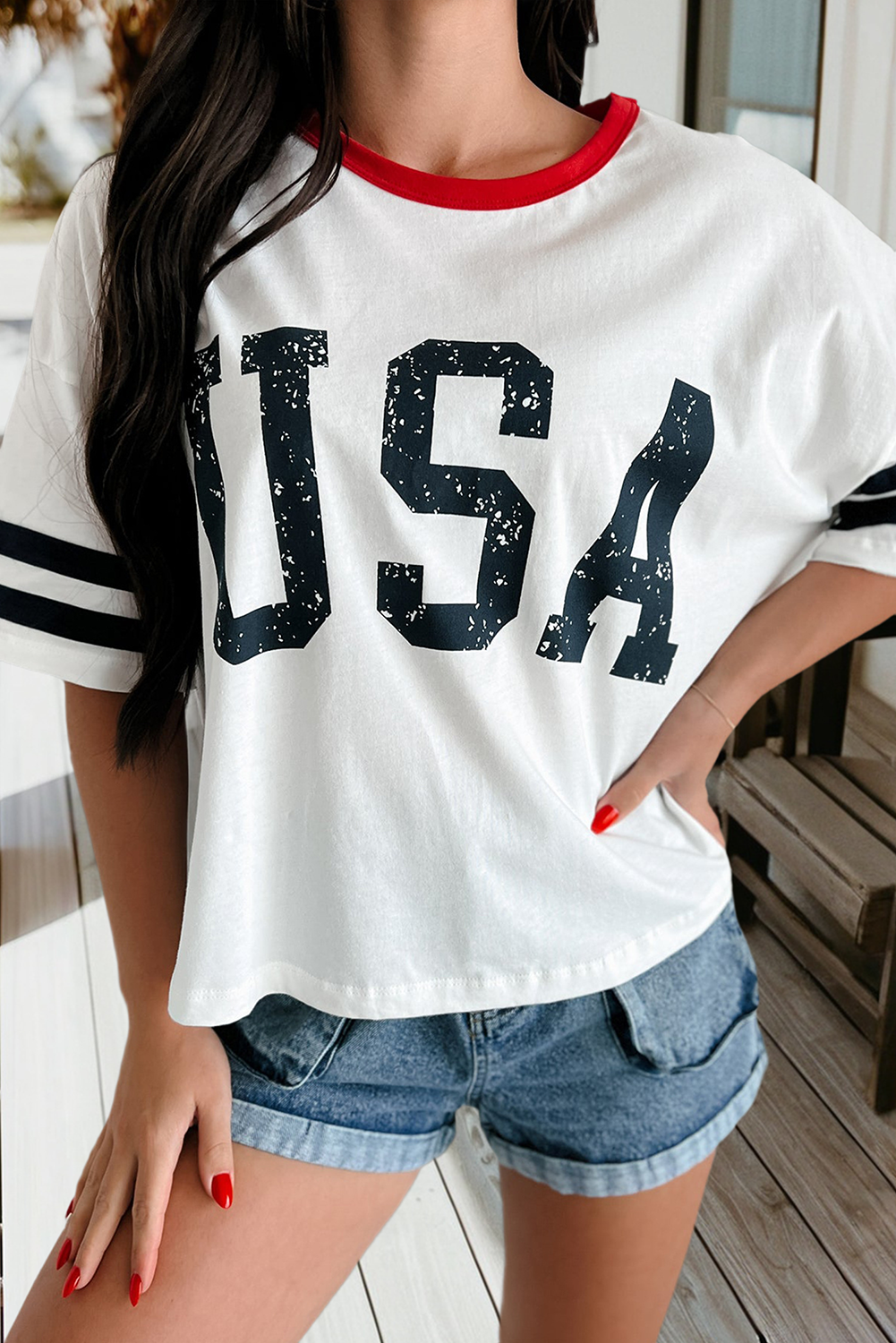 Plus USA Letter Printed Varsity Striped Sleeve Tee (S-4X)