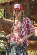 Washed Stripe Short Sleeve Scoop Neck Knit Top