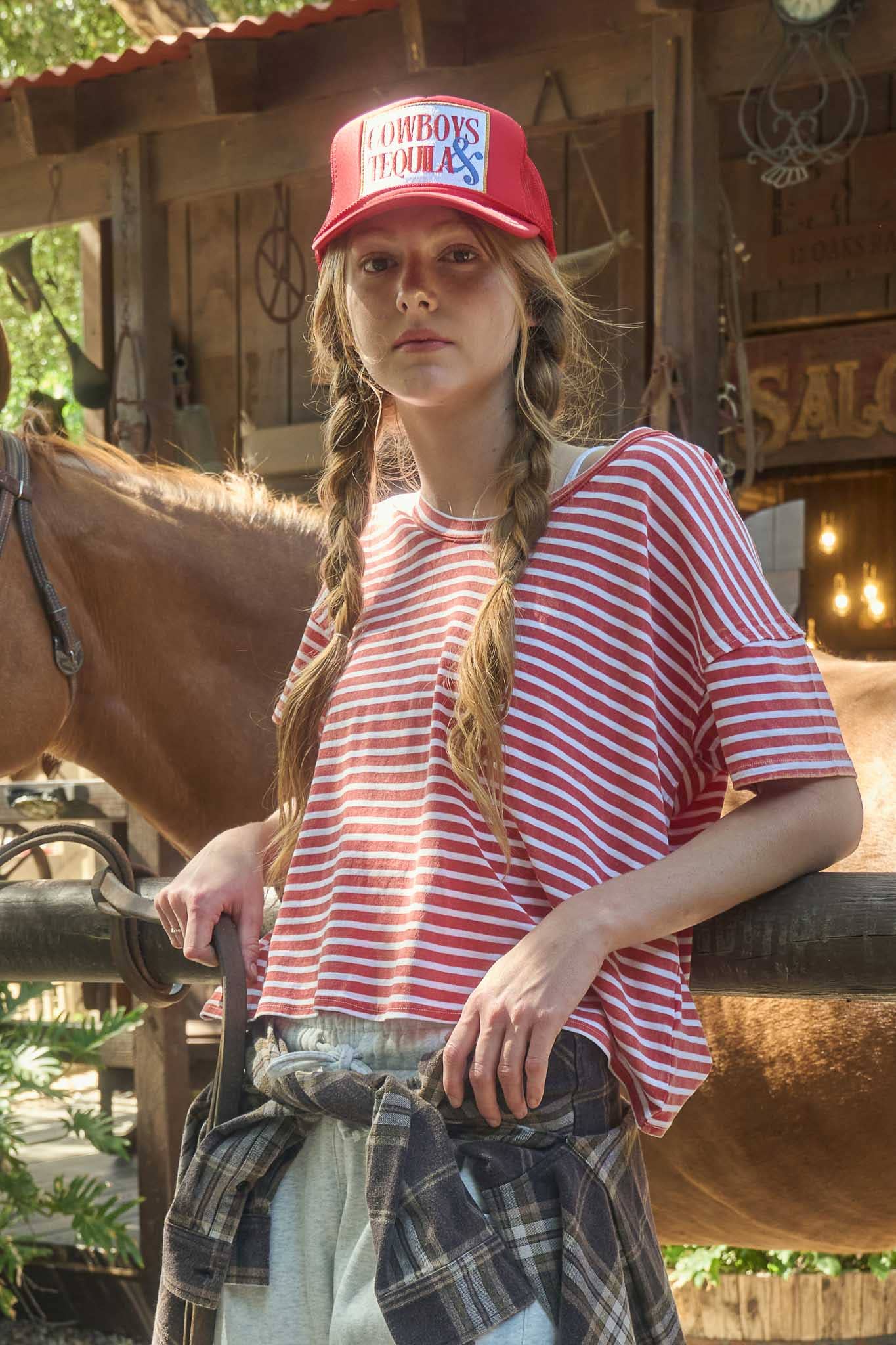 Washed Stripe Short Sleeve Scoop Neck Knit Top