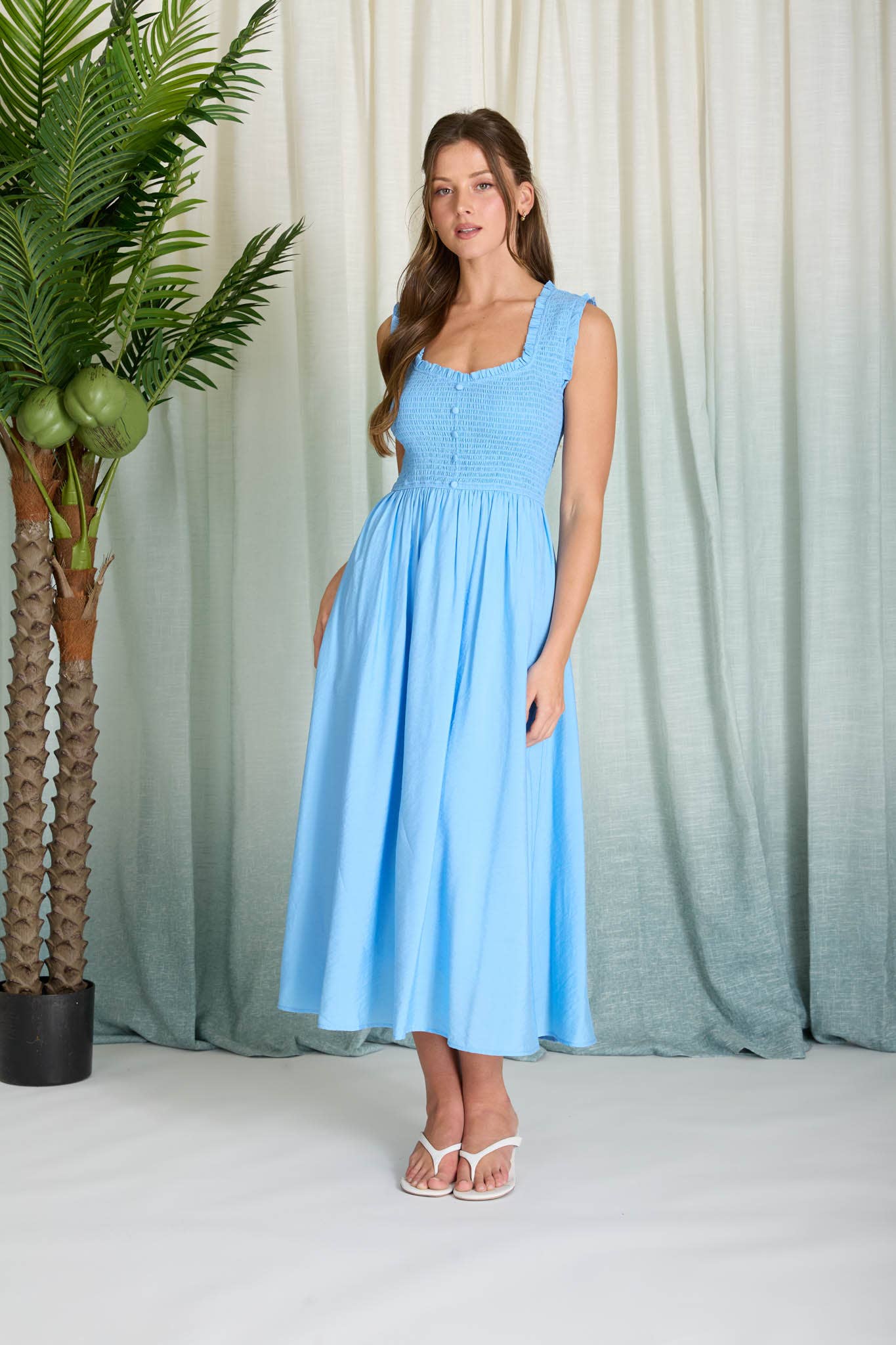 Sweetheart Smocked Mock Button Midi Dress