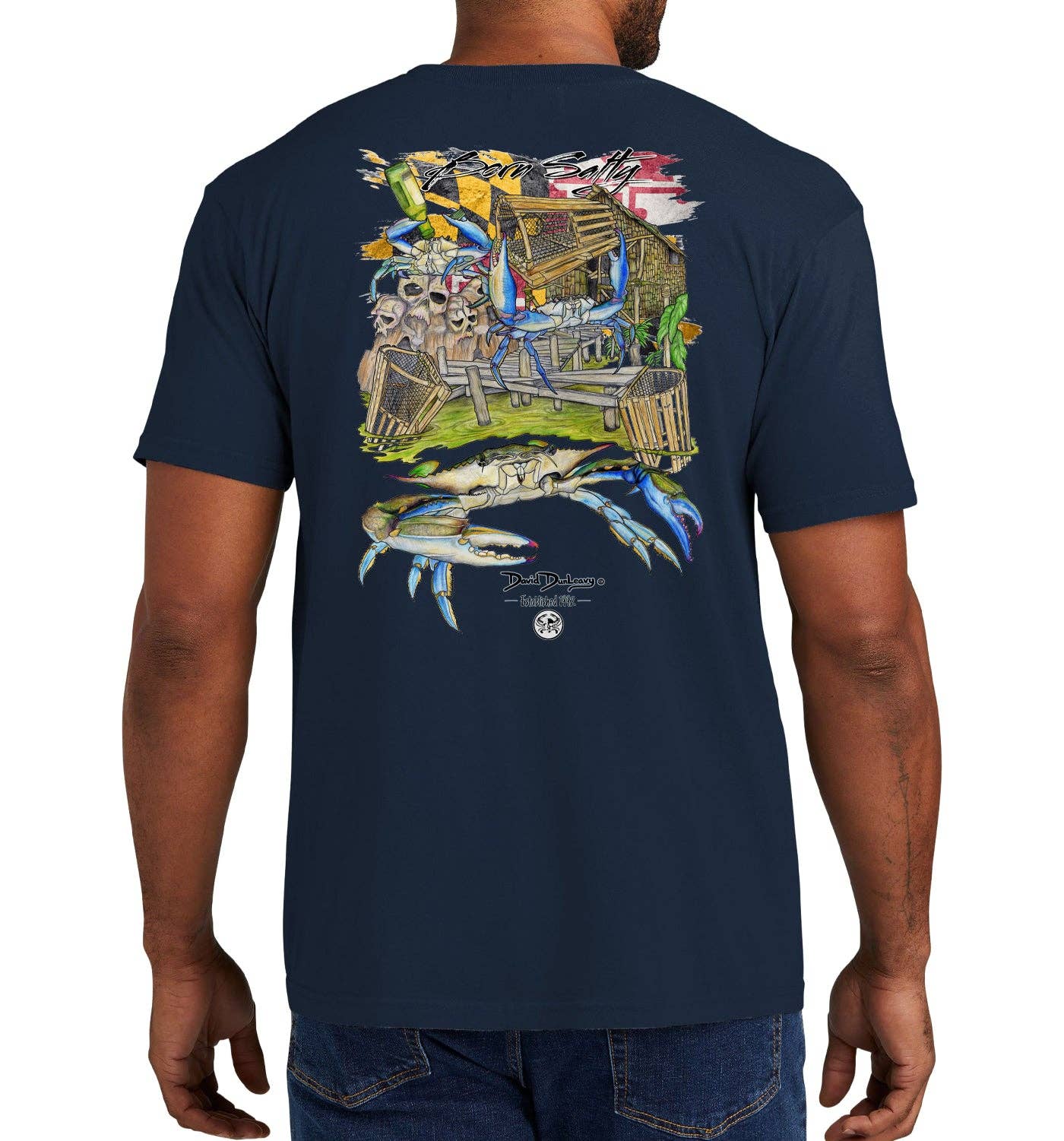 Men's Born Salty Maryland Blue Crab Short Sleeve Garment Dyed True Navy Pocket T-Shirt