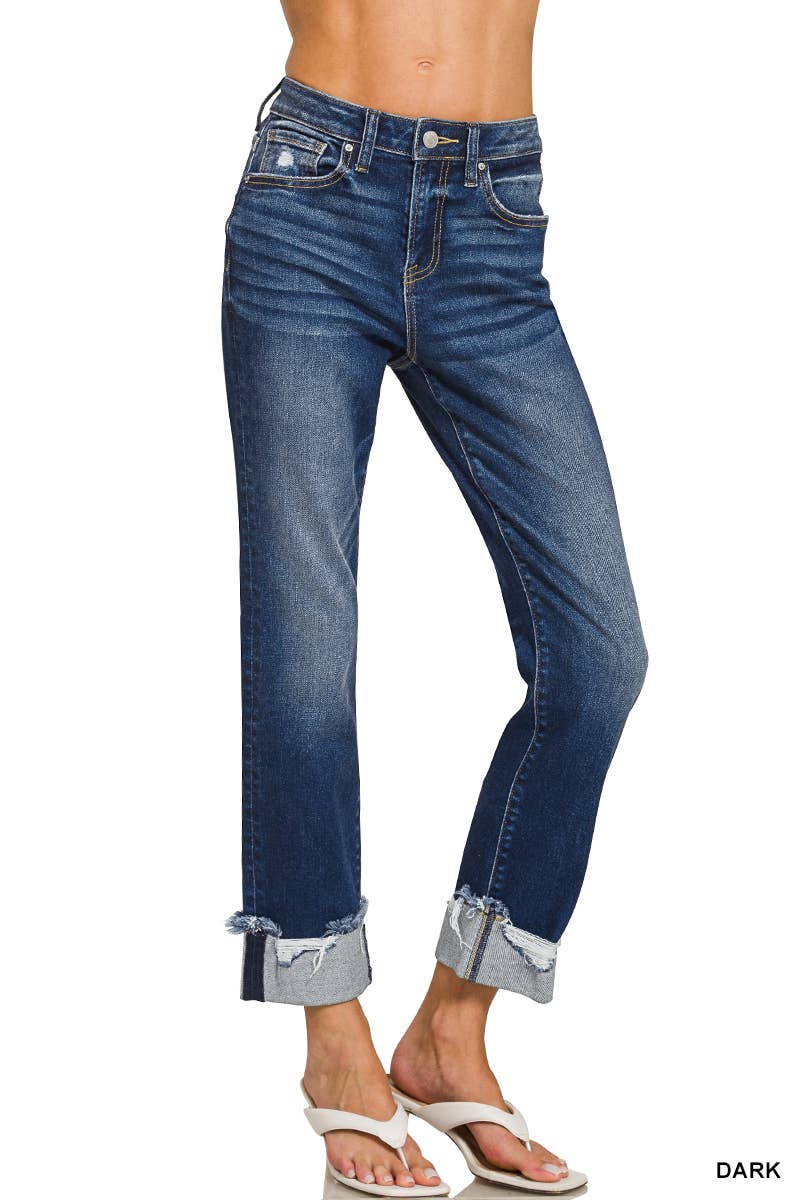 0303 Cuffed Distressed Hem Denim Pants SI-28860