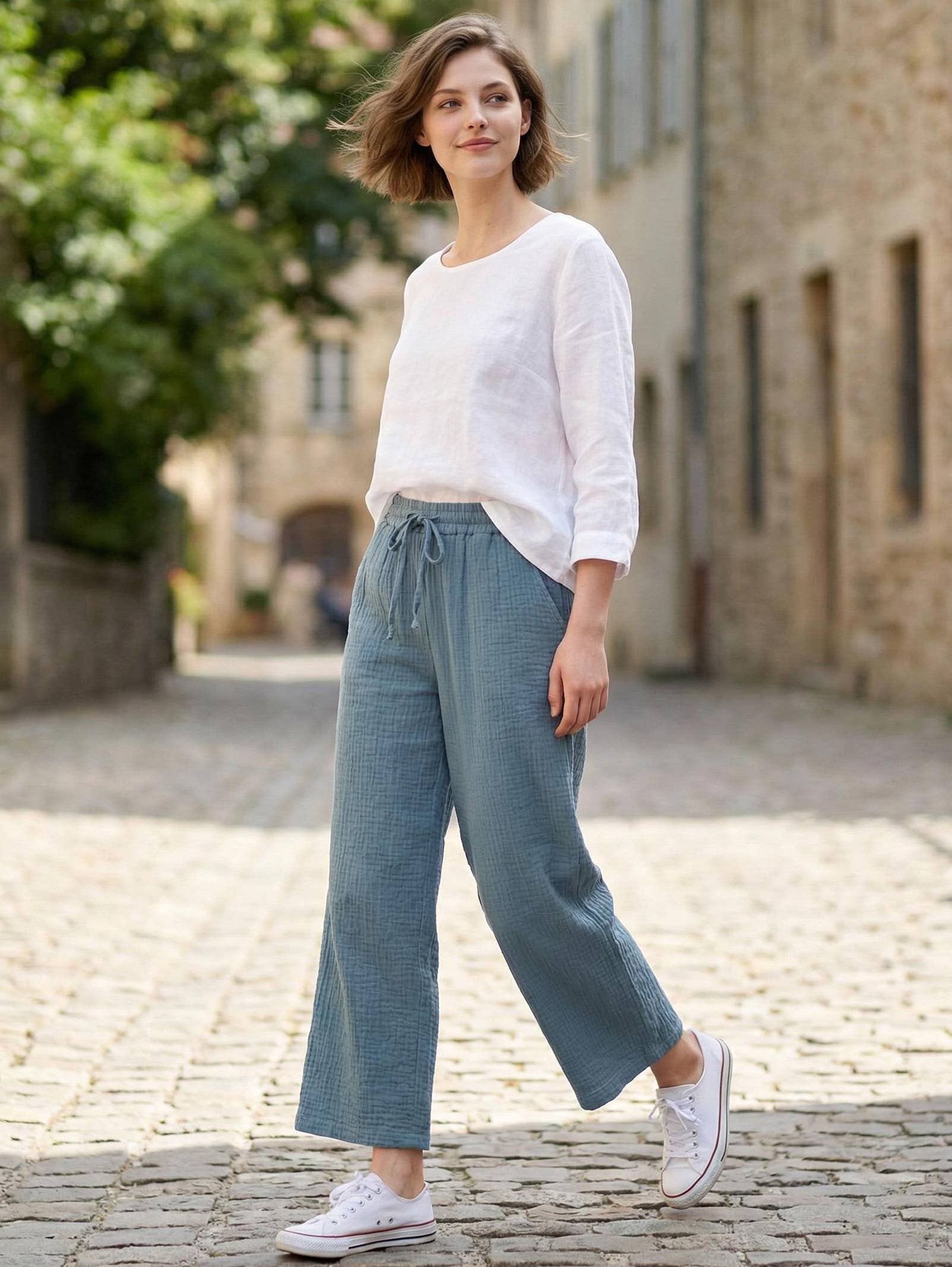 `.Elasticband Waist Wide Pants w/ Pockets