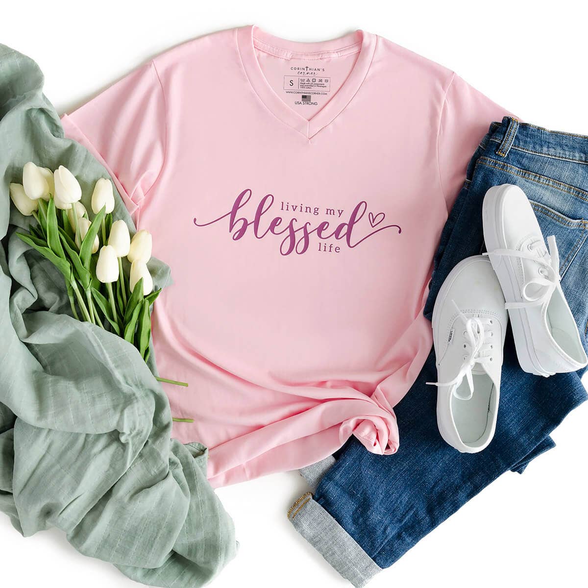 Living My Blessed Life Christian Graphic V-Neck