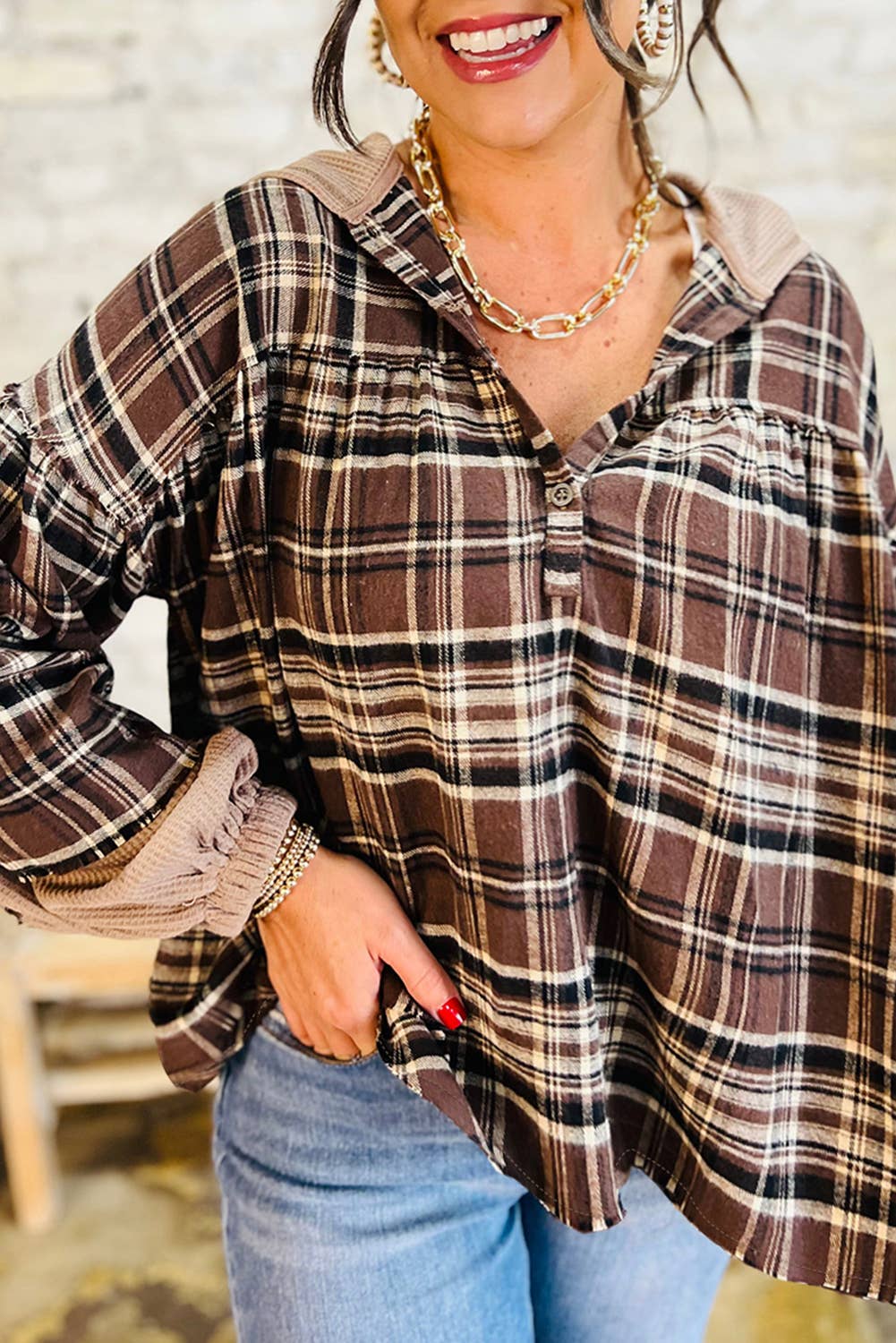 Spring 2026 Plaid Patchwork Long Sleeve Button Hooded Blouse