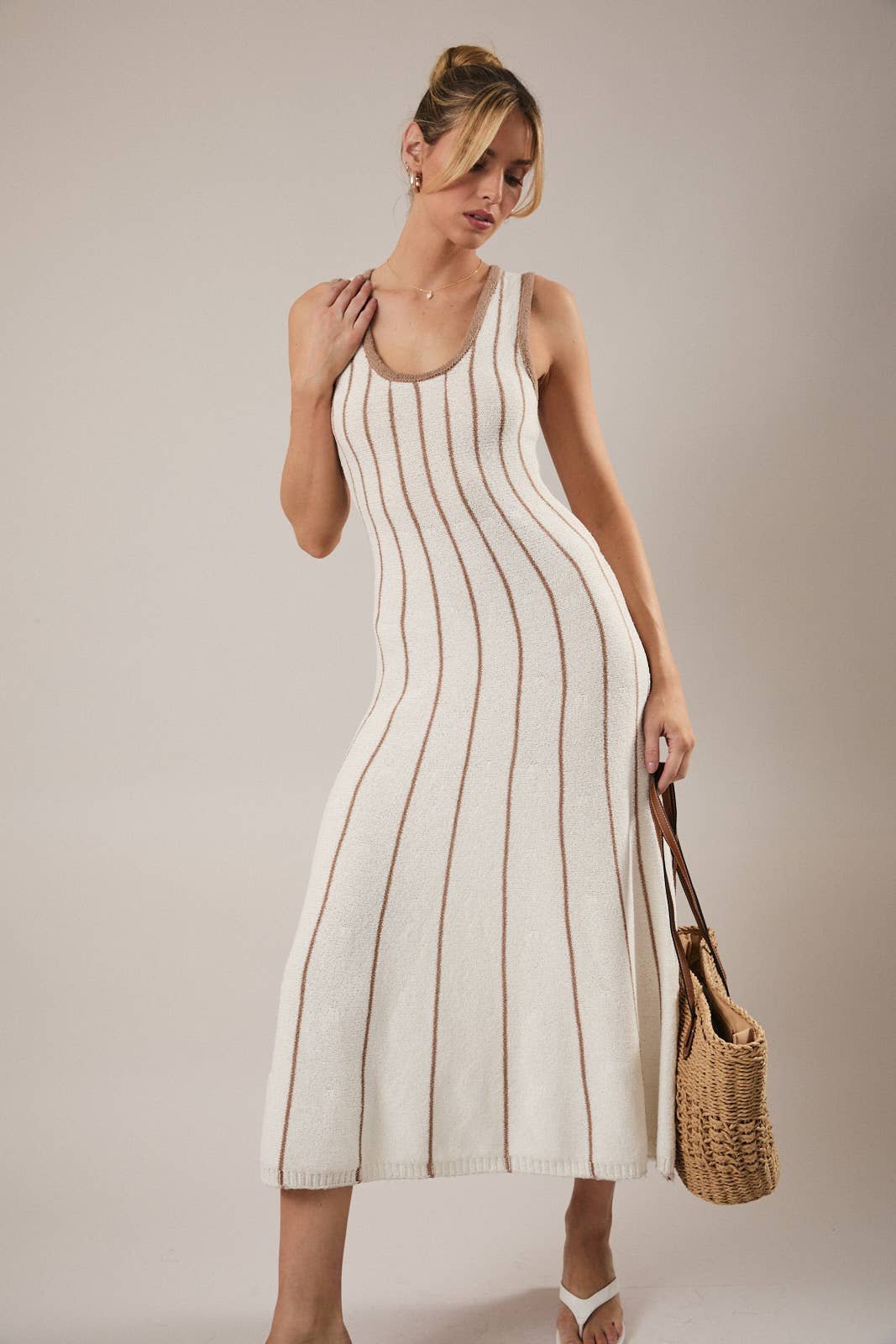 U-Neck Sleeveless Vertical Stripe Knit Midi Dress