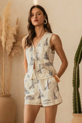 Printed Tie Front Linen Vest with Trim