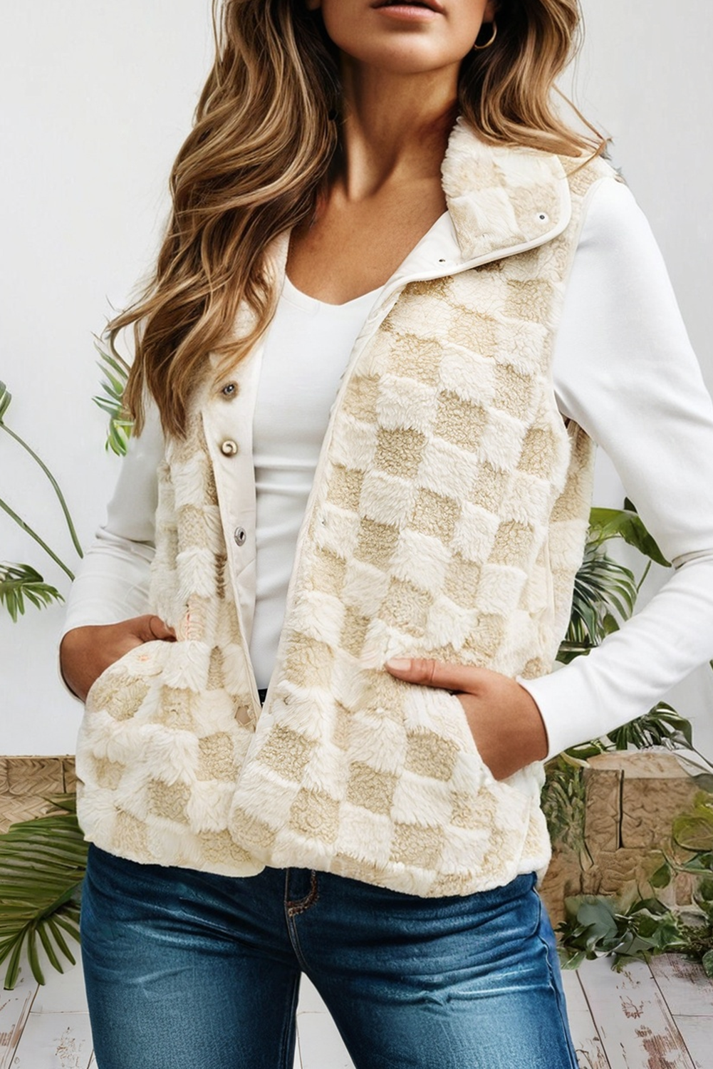 Sherpa Checkerboard Snap Button Vest Jacket (S-Xl)