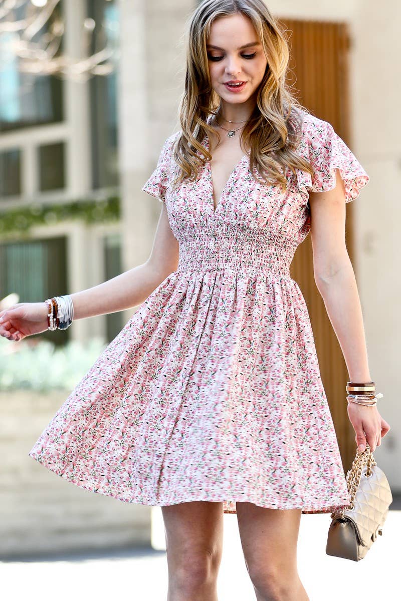 0312 Waist Smocking Button Up Ruffle Sleeve Dress SI-24266