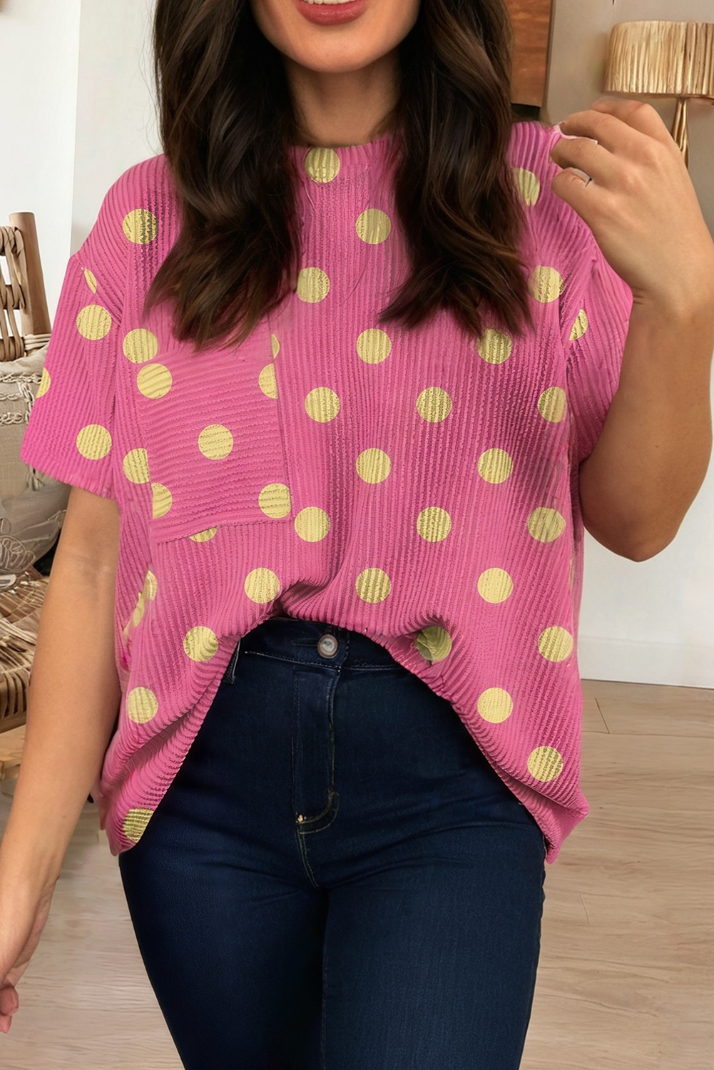 Polka Dot Textured Short Sleeve Top (S-Xl)