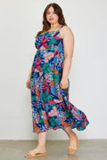 Plus Size Tropical Print Tiered Maxi Dress