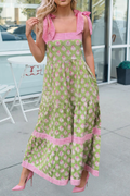 Floral Print Striped Detail Knot Straps Maxi Dress (S-Xl)