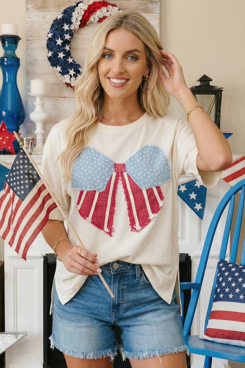 Loose Knit Vintage Flag Bow Patched T Shirt (S-Xl)