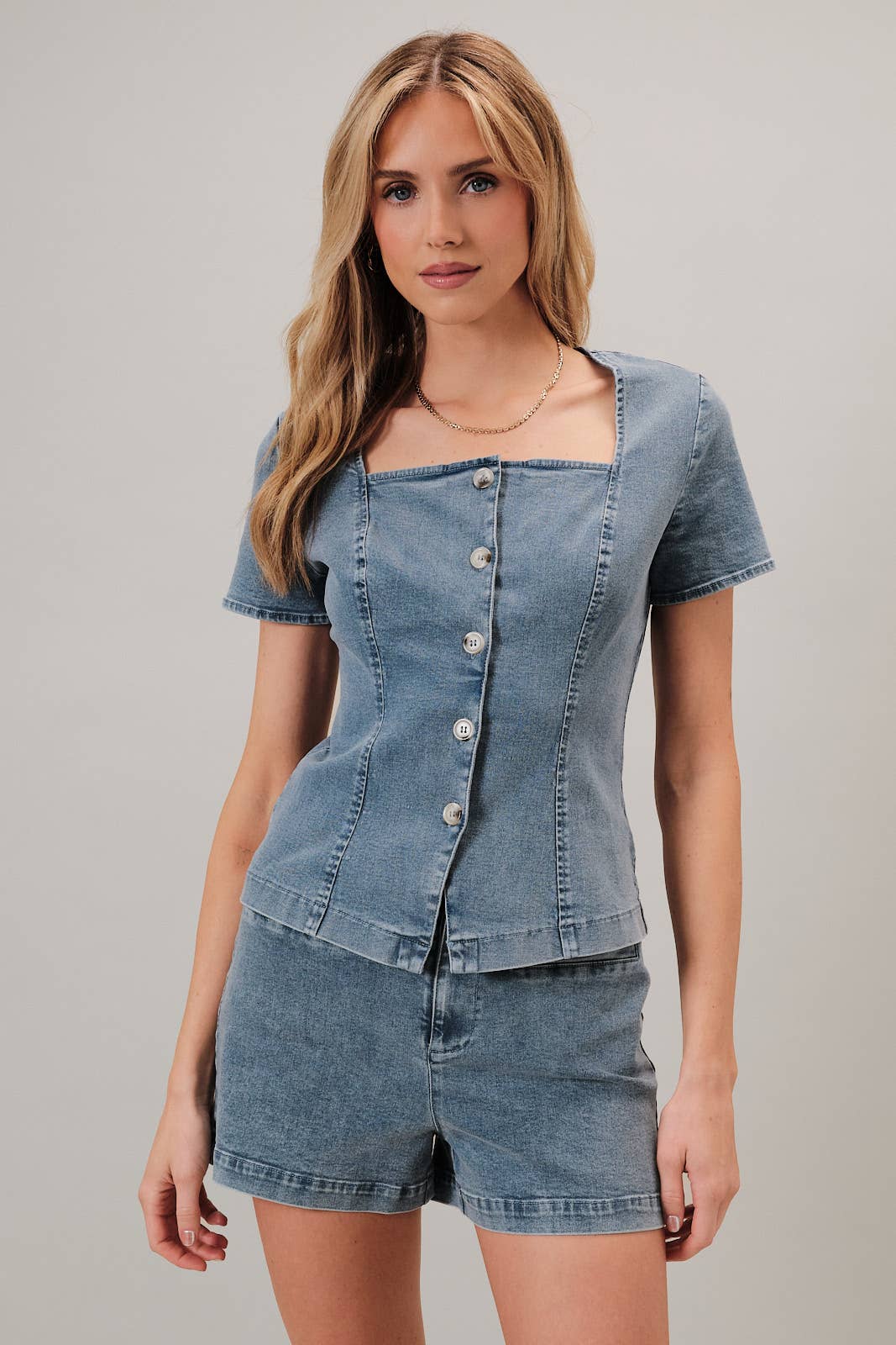 Square Neck Short Sleeve Button Down Stretch Denim Top