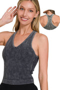 ",....Washed Ribbed Seamless Bra Padded V-Neck Tank Top