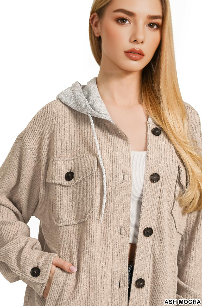 0812 Brushed Rib Hooded Button Down Shacket SI-28421