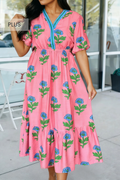 Plus Size Striped V Neck Ruffled Floral Long Dress