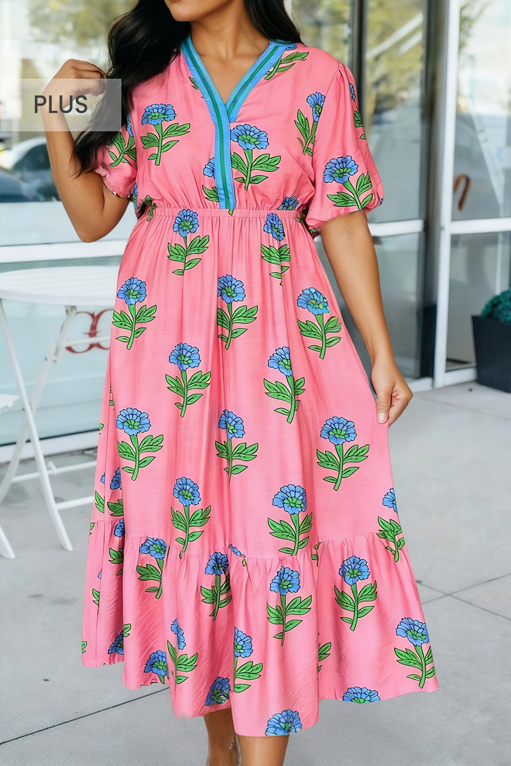Plus Size Striped V Neck Ruffled Floral Long Dress