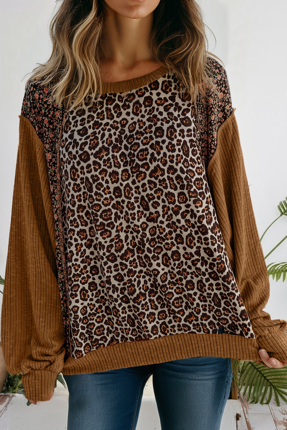 Leopard Print Ribbed Puff Sleeve Patchwork Pullover Top