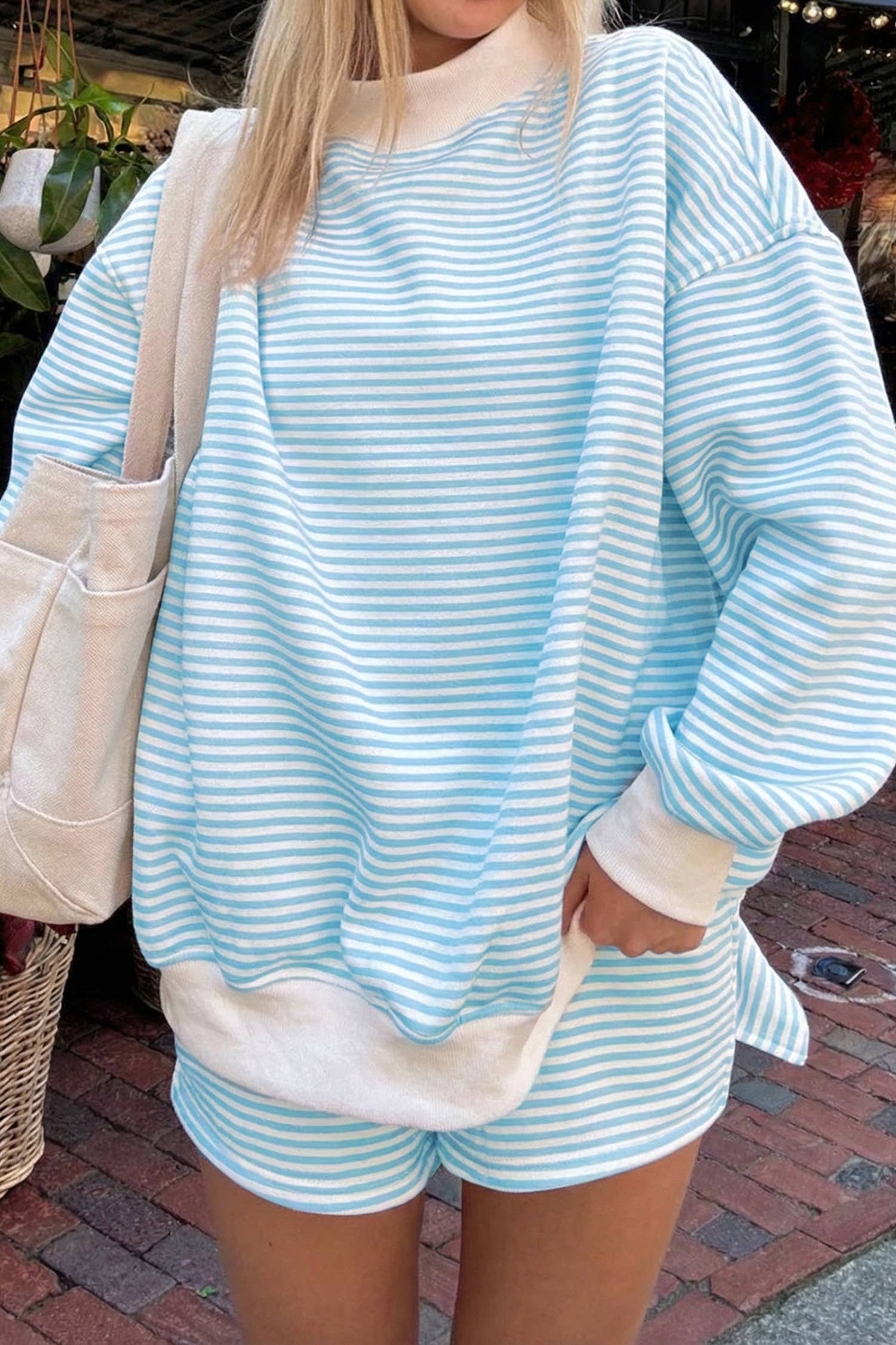 66Stripe Oversize Mock Neck Sweatshirt and Shorts Set (S-Xl)