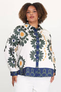 Plus Size Border Printed Long Sleeve Button Down Blouse