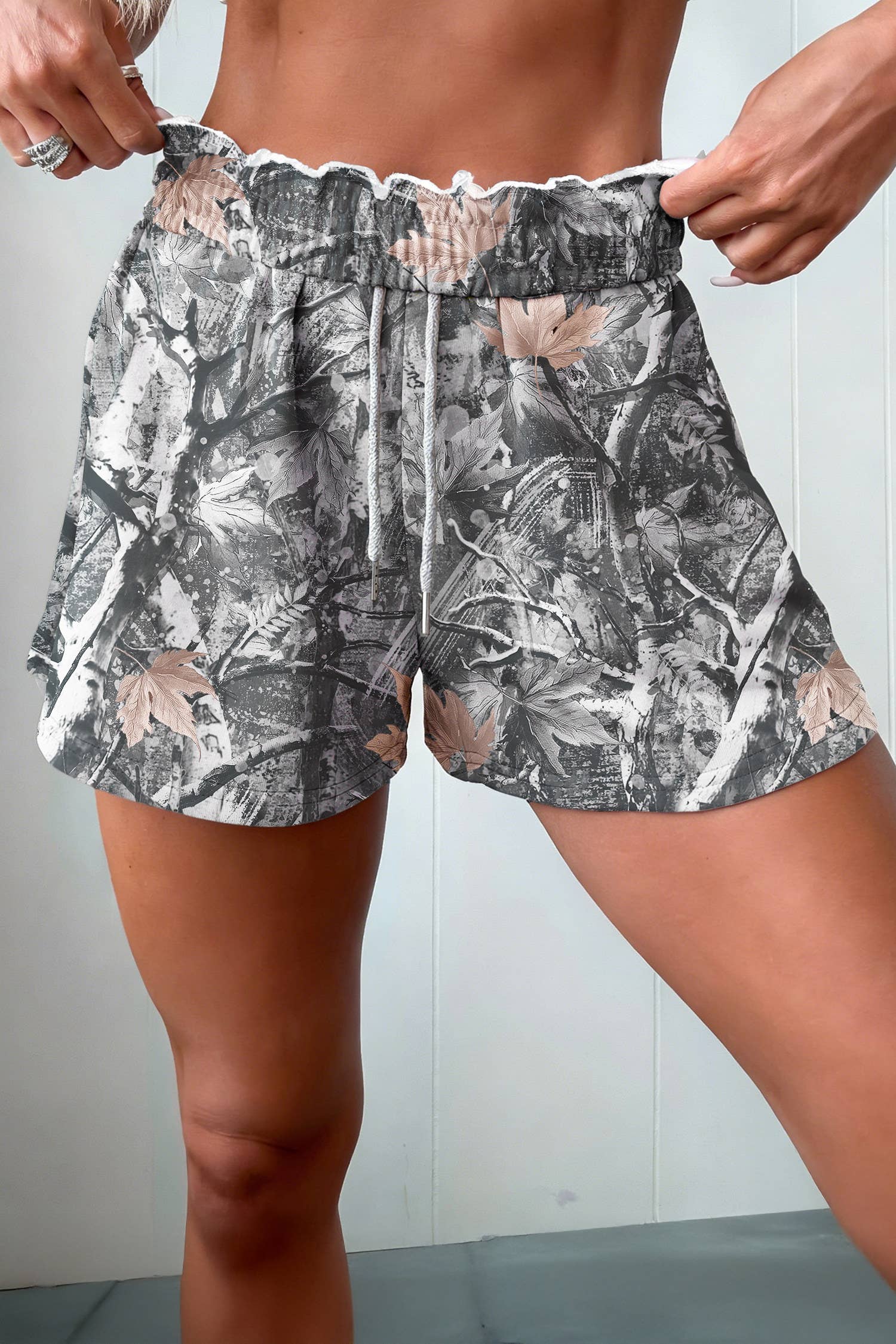 Camo Abstract Maple Leaf Tie Elastic Waist Shorts (S-Xl)