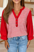 Stripe Half Placket V Neck Contrast 3/4 Sleeve Top (S-Xl)