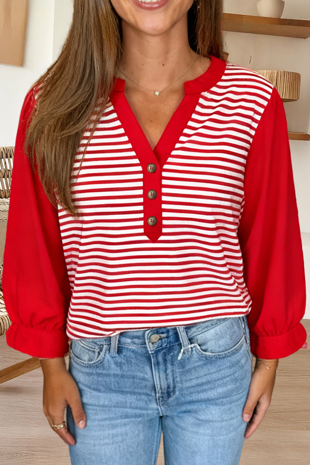 Stripe Half Placket V Neck Contrast 3/4 Sleeve Top (S-Xl)