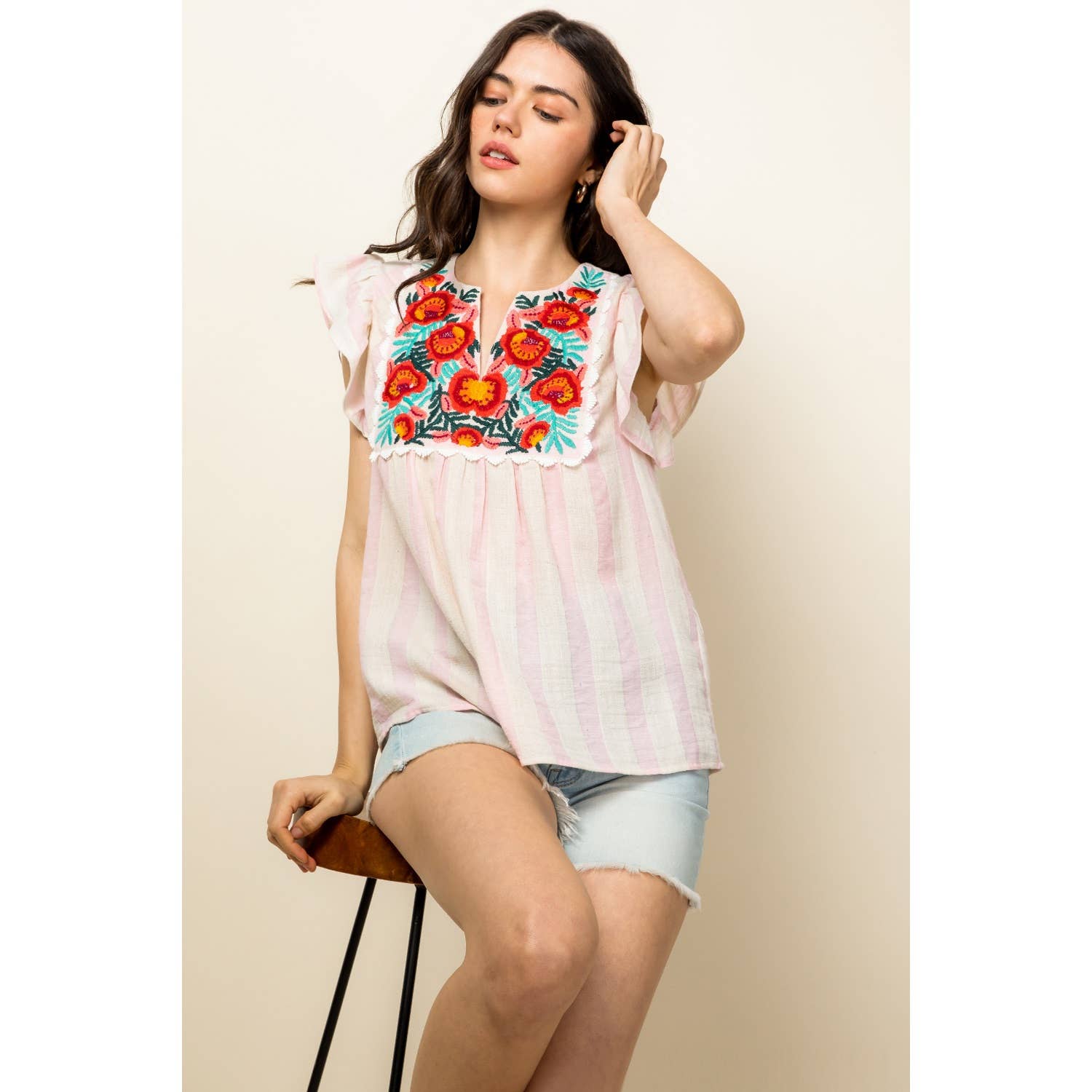 Stripe Embroidered Top
