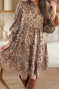 Leopard Print V Neck Ruffled Sleeve Tiered Mini Dress (S-Xl)