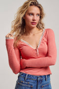 Lace Trim Slub Knit Henley Long Sleeve Top