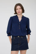 Ruffle Trim Half Button Down 3/4 Sleeve Blouse