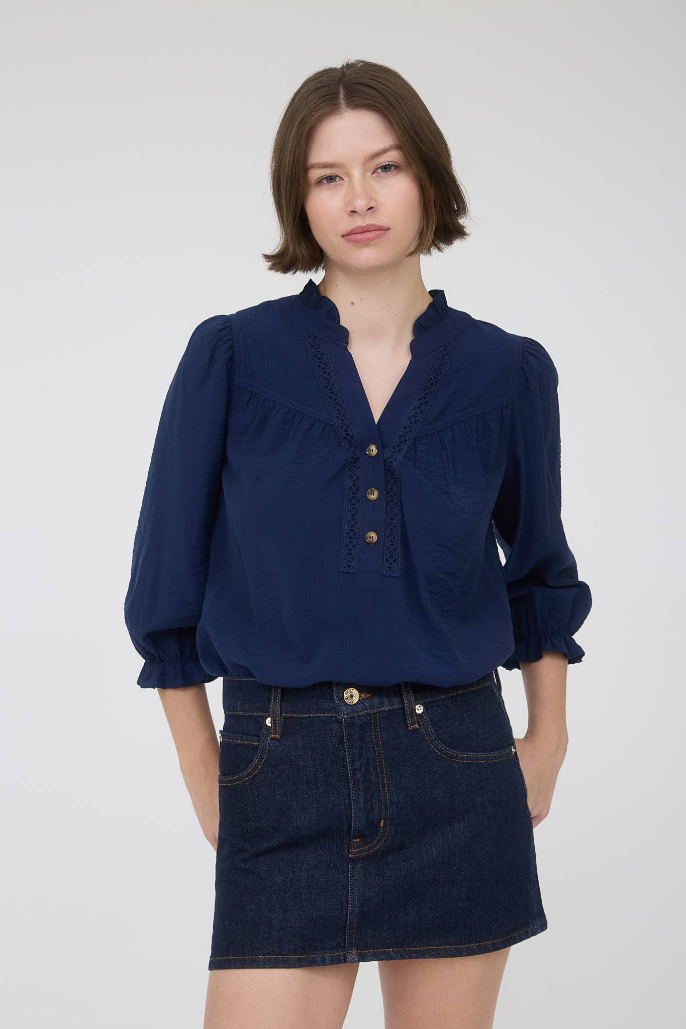 Ruffle Trim Half Button Down 3/4 Sleeve Blouse
