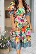 Floral Print Contrast Plaid Hem Short Sleeve Dress (S-Xl)