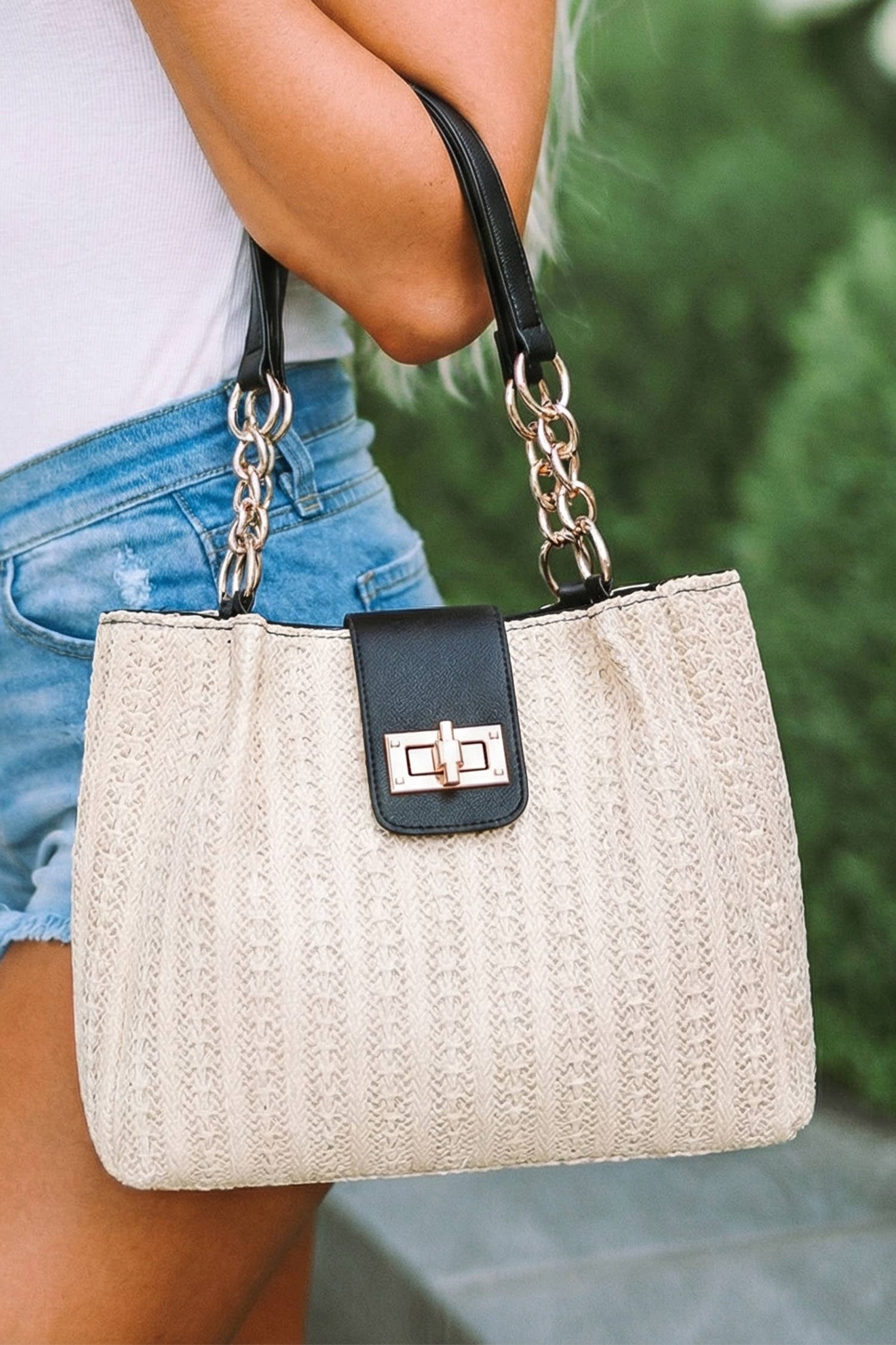 Pu Leather Chain Handle Woven Textured Knit Tote Bag